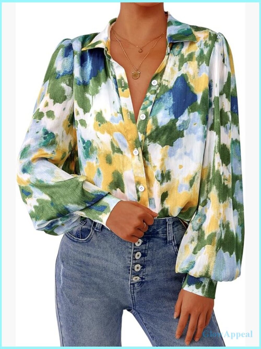 V Neck Lantern Long Sleeve Floral Blouse Button Down Chiffon Boho Tops